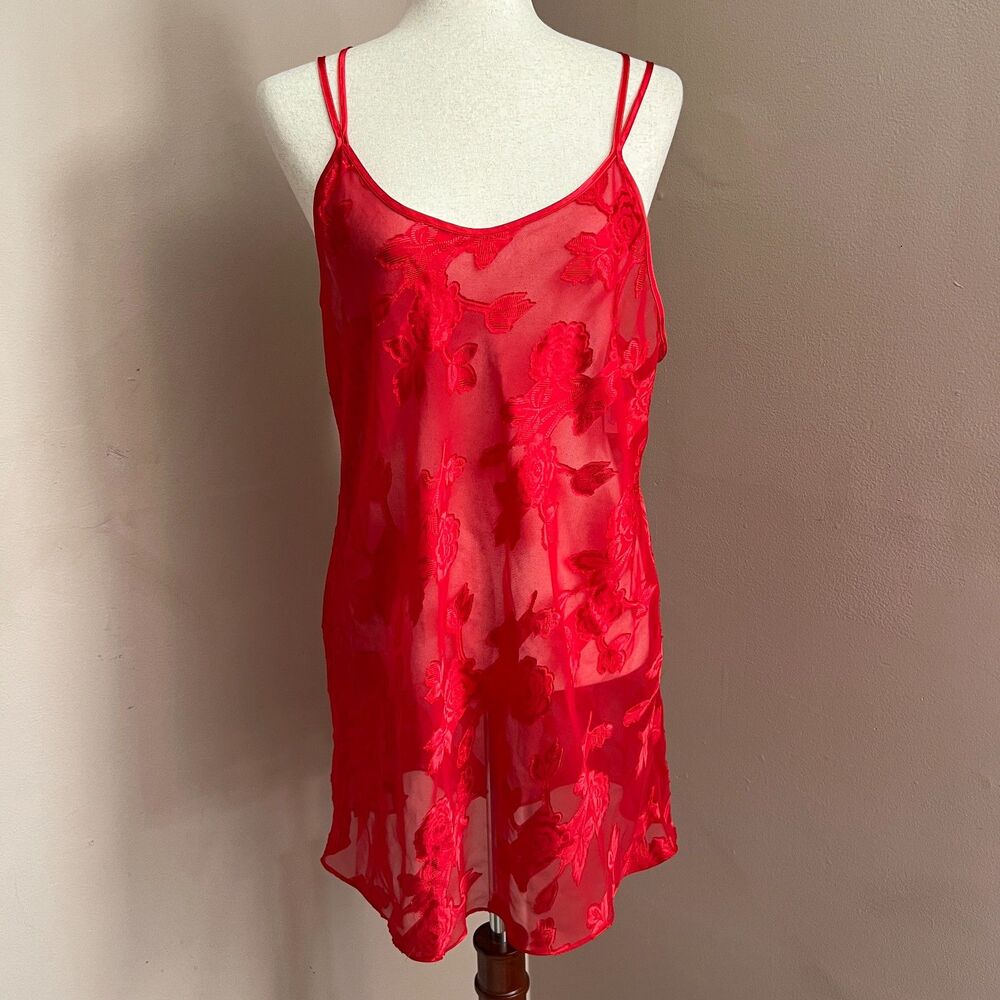 Vintage California Dynasty Red Sheer‎ Lace Slip Dress Strappy Back Lingerie Sz M